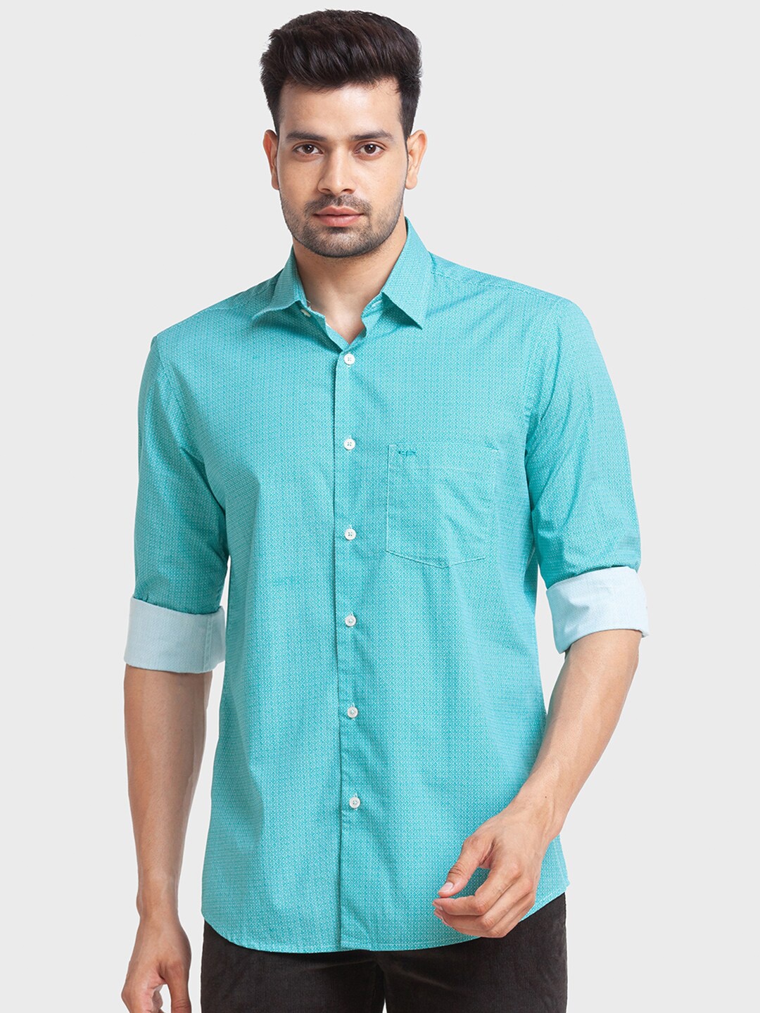 

ColorPlus Printed Tailored Fit Cotton Casual Shirt, Turquoise blue