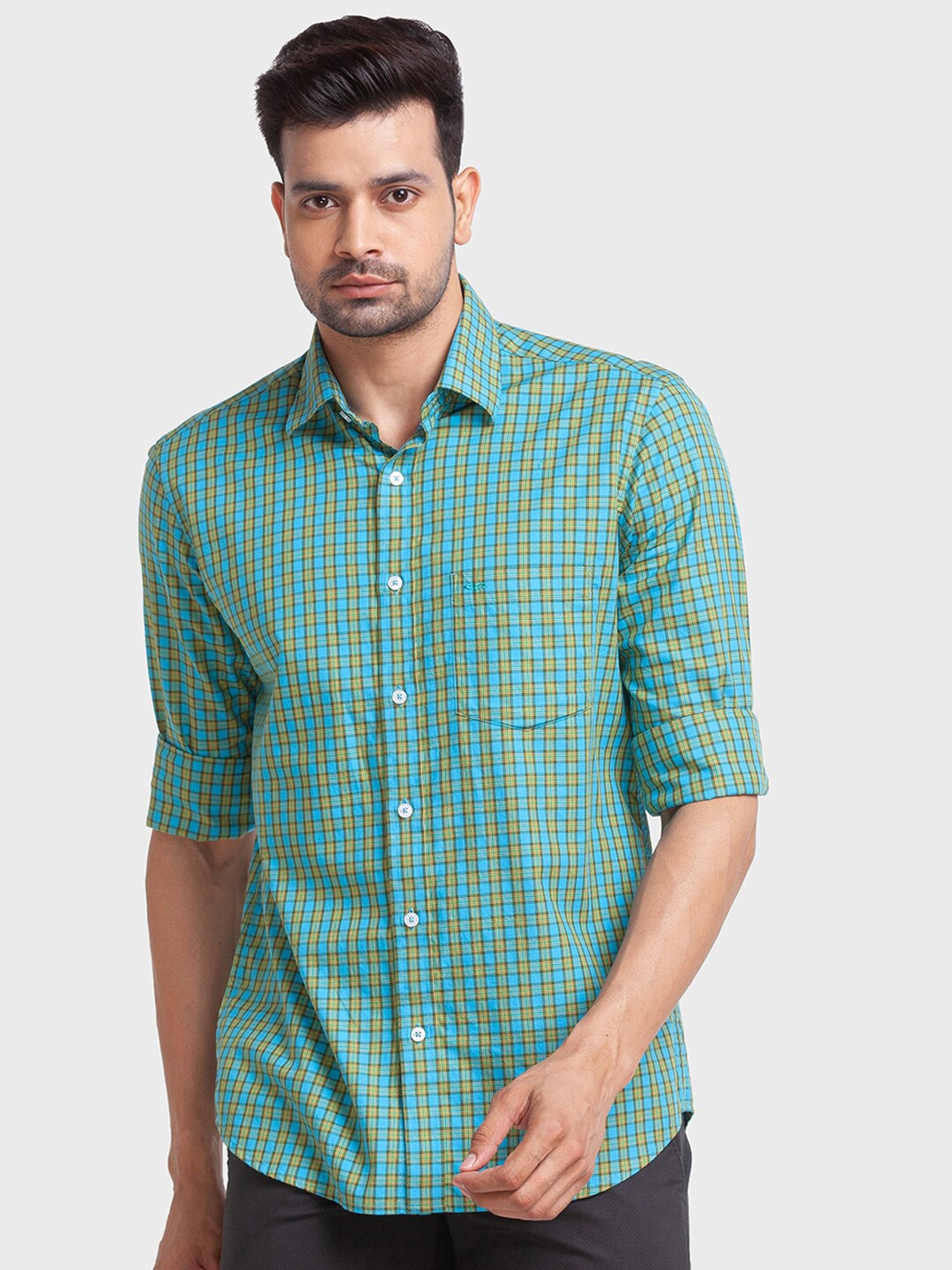 

ColorPlus Men Plus Size Tailored Fit Checked Cotton Casual Shirt, Teal