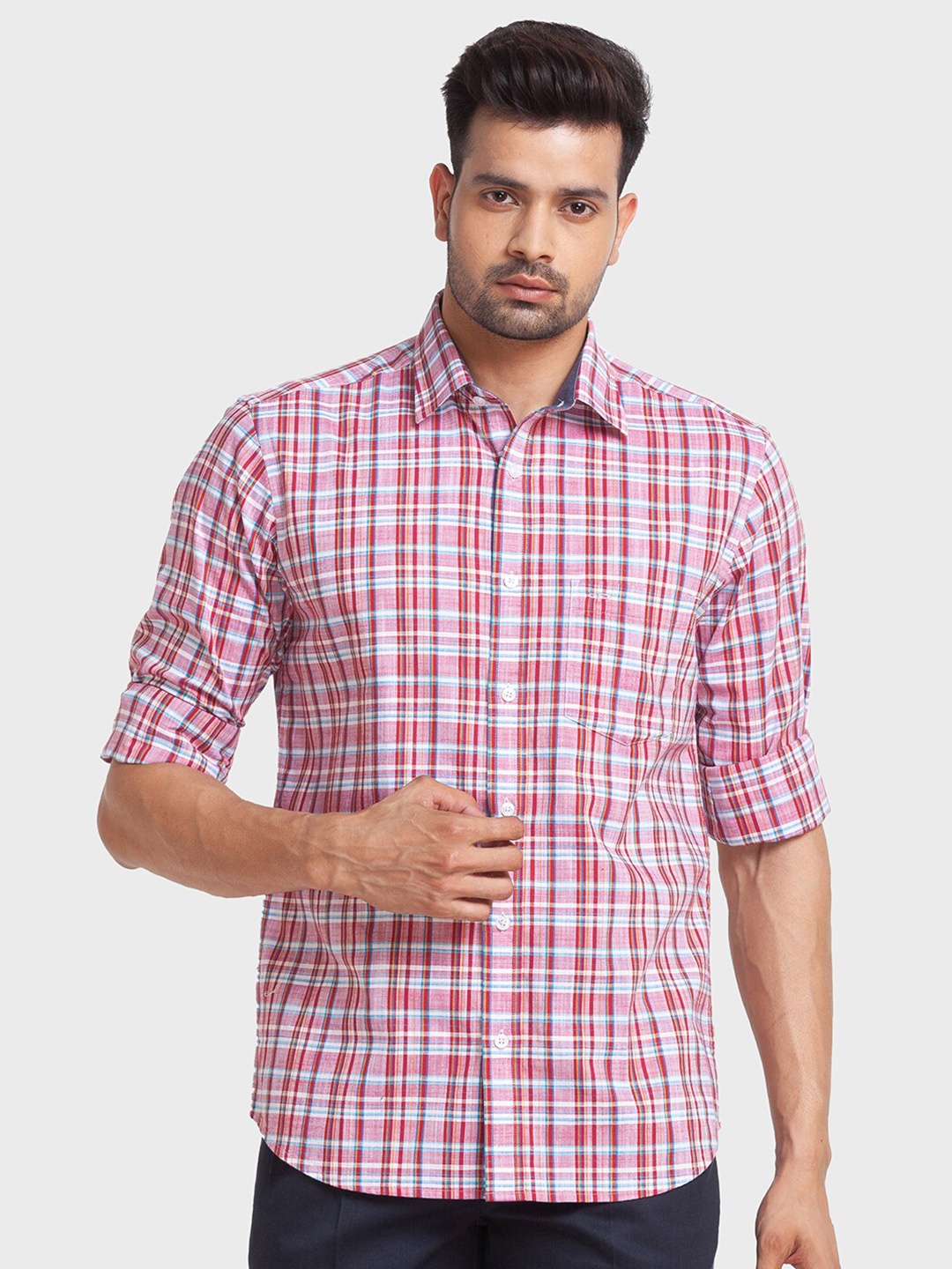 

ColorPlus Men Plus Size Tartan Checks Cotton Casual Shirt, Red