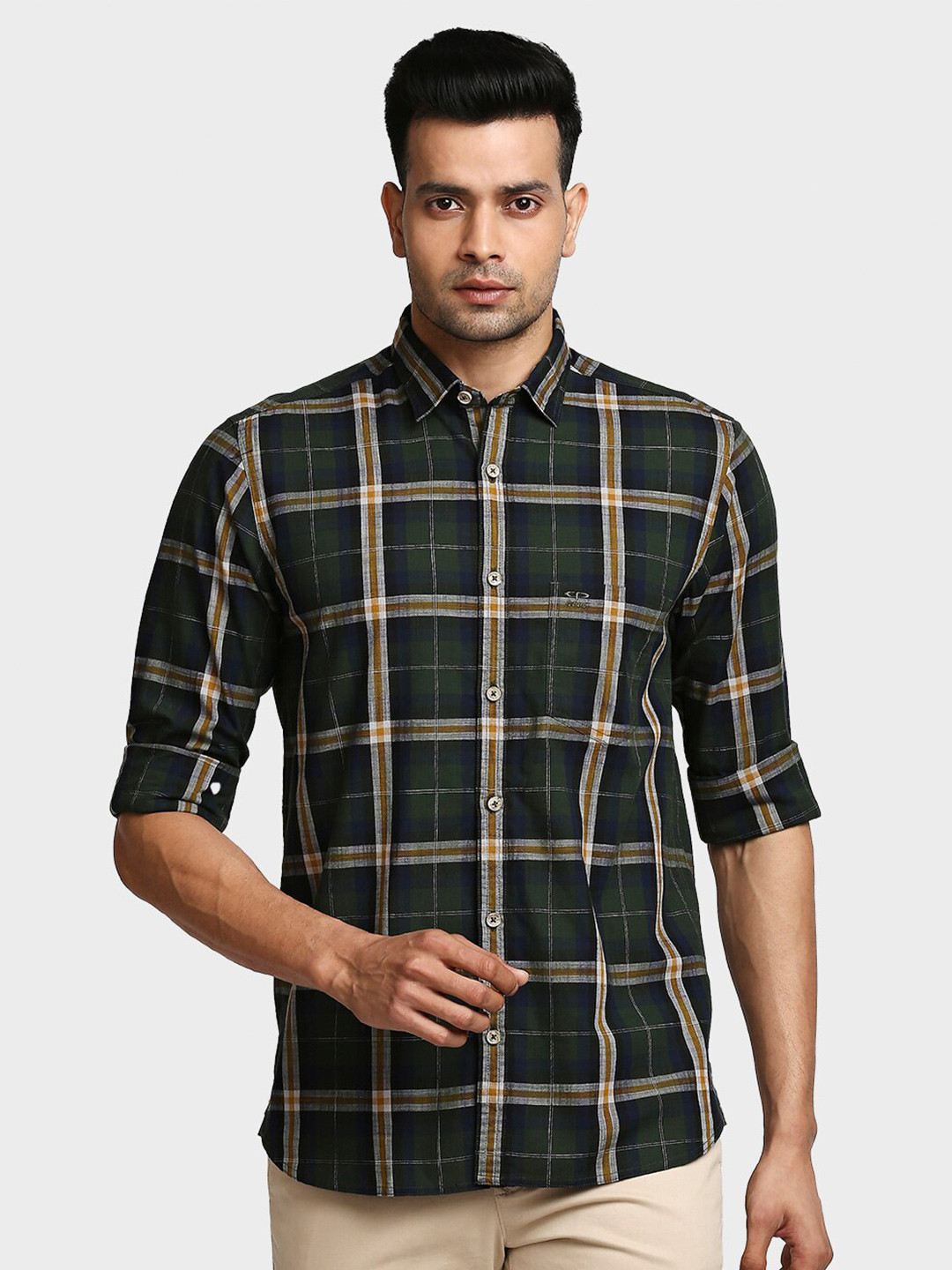 

ColorPlus Men Tailored Fit Checked Casual Cotton Shirt, Green