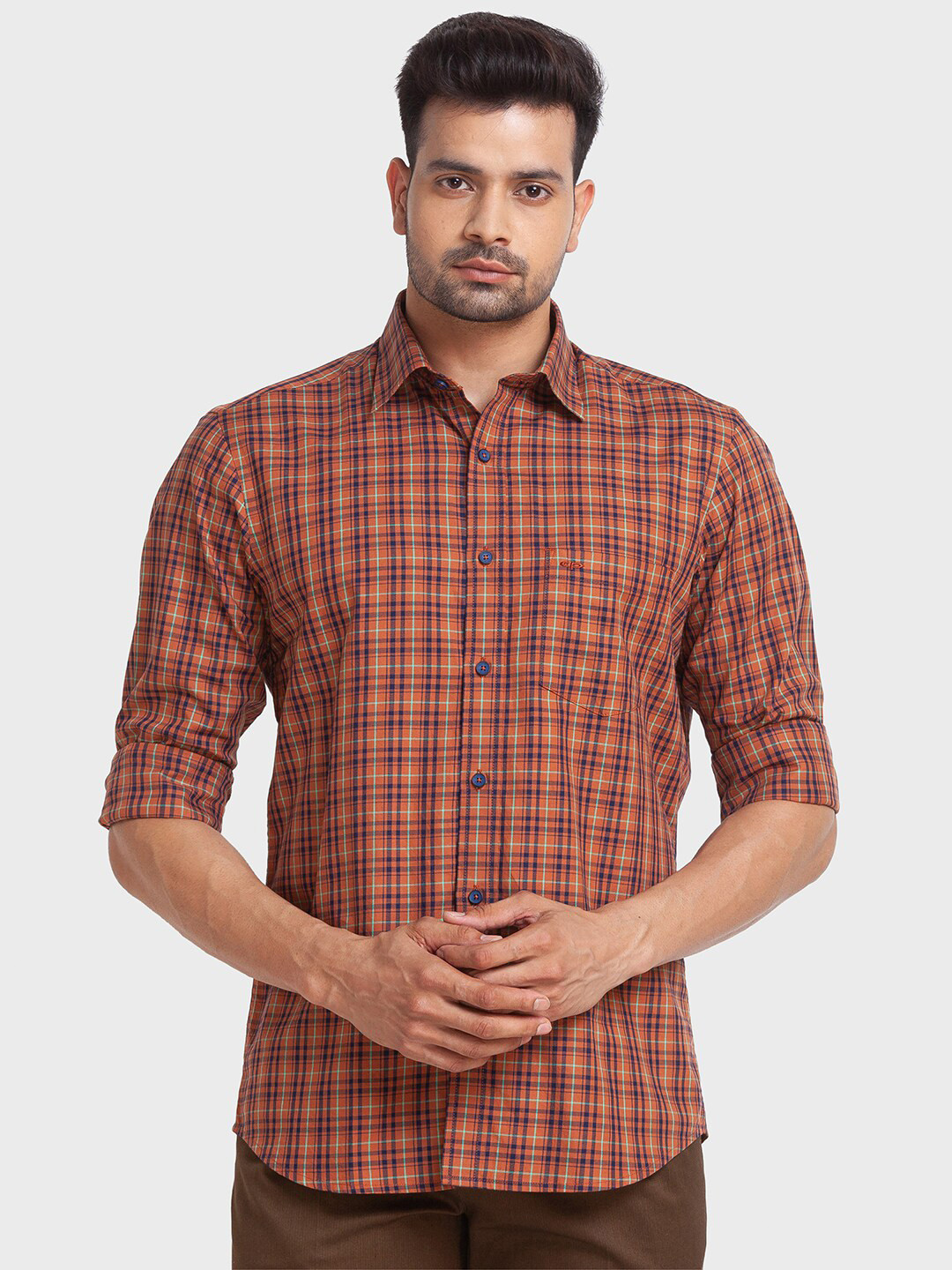 

ColorPlus Men Grid Tattersall Checked Tailored Fit Casual Cotton Shirt, Brown
