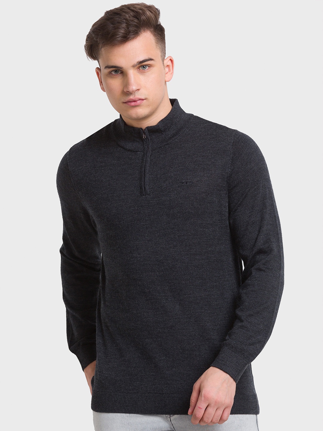 

ColorPlus Men Mock Collar Woolen Pullover, Charcoal