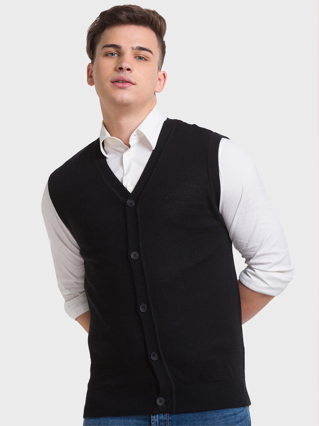 

ColorPlus Men V-Neck Woolen Cardigan, Black
