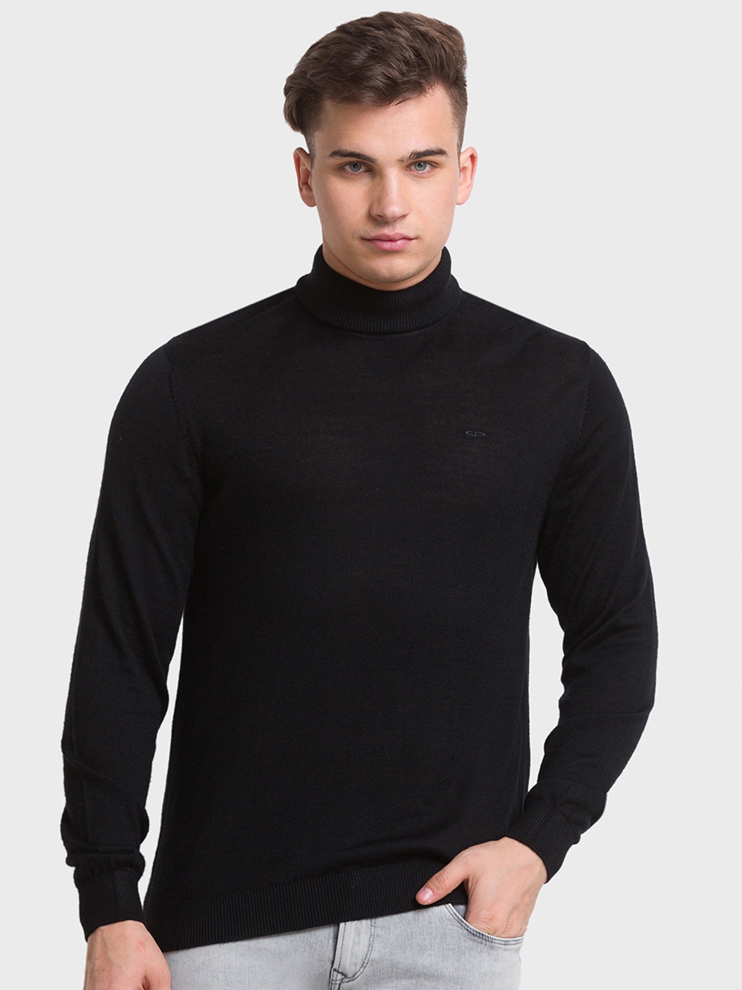 

ColorPlus Men Turtle Neck Woolen Pullover, Black