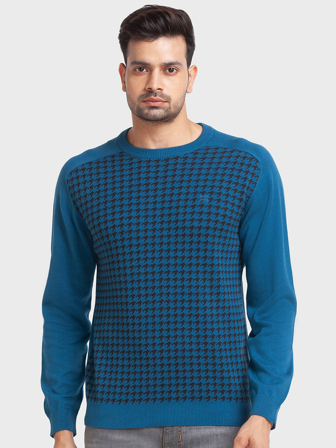 

ColorPlus Men Printed Cotton Long Sleeves Pullover, Blue