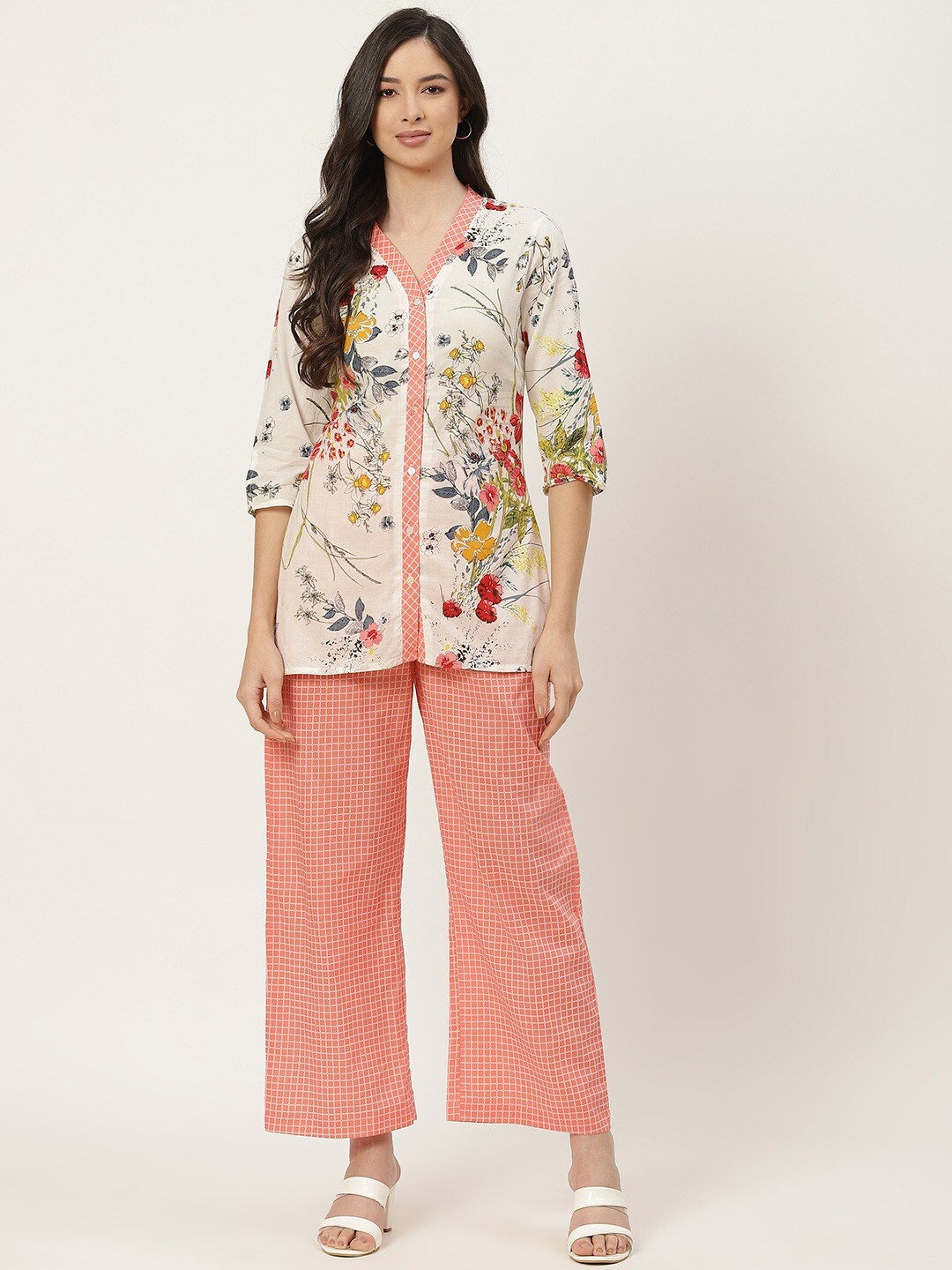 

FABRIC FITOOR Floral Printed V-Neck Pure Cotton Top with Palazzos, Orange