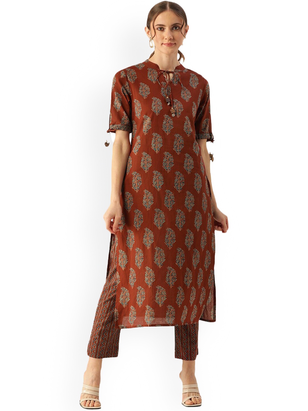 

FABRIC FITOOR Floral Printed Pure Cotton Kurta with Trousers, Brown