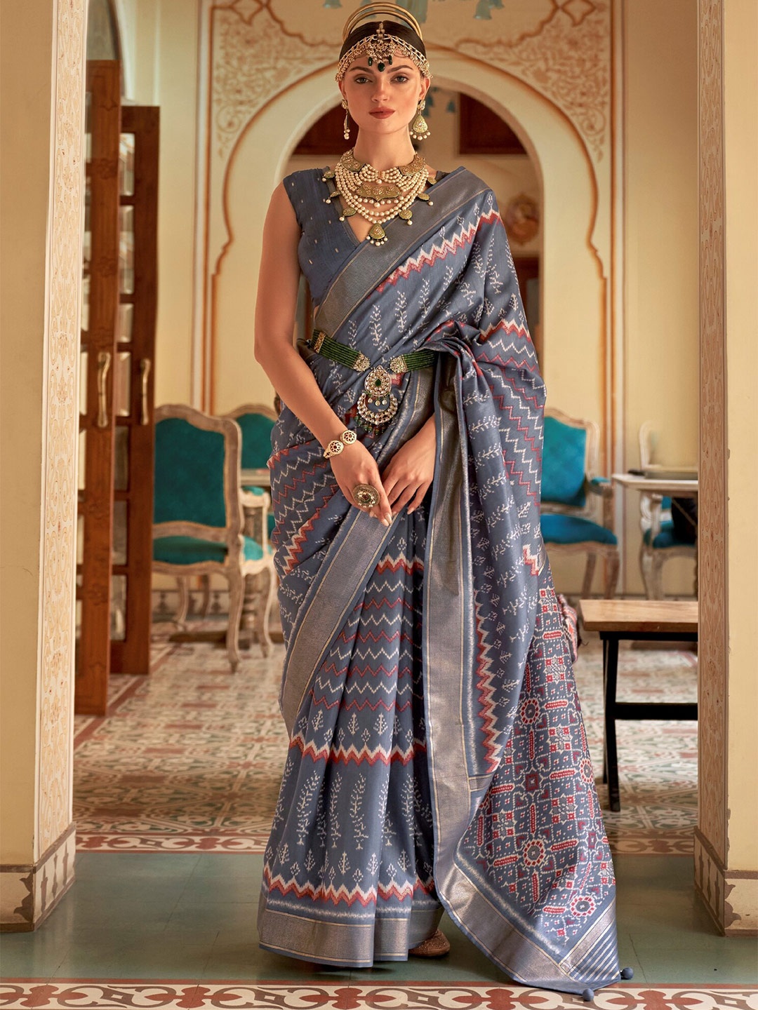 

Mitera Ethnic Motifs Zari Silk Blend Patola Saree, Grey