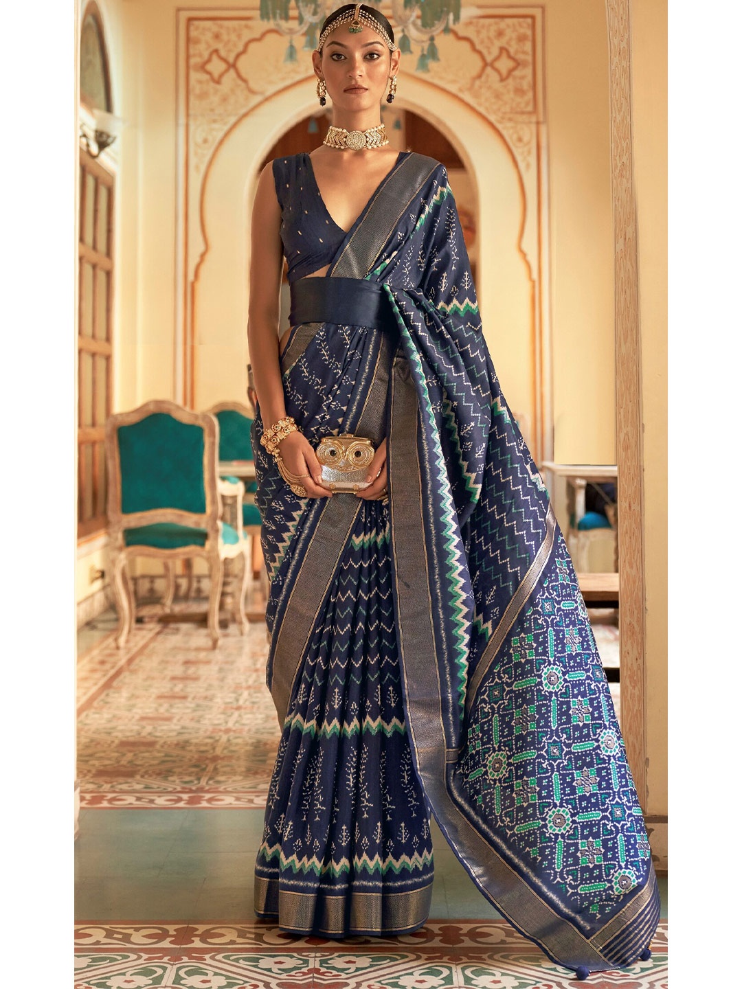 

Mitera Ethnic Motifs Zari Silk Blend Patola Saree, Navy blue