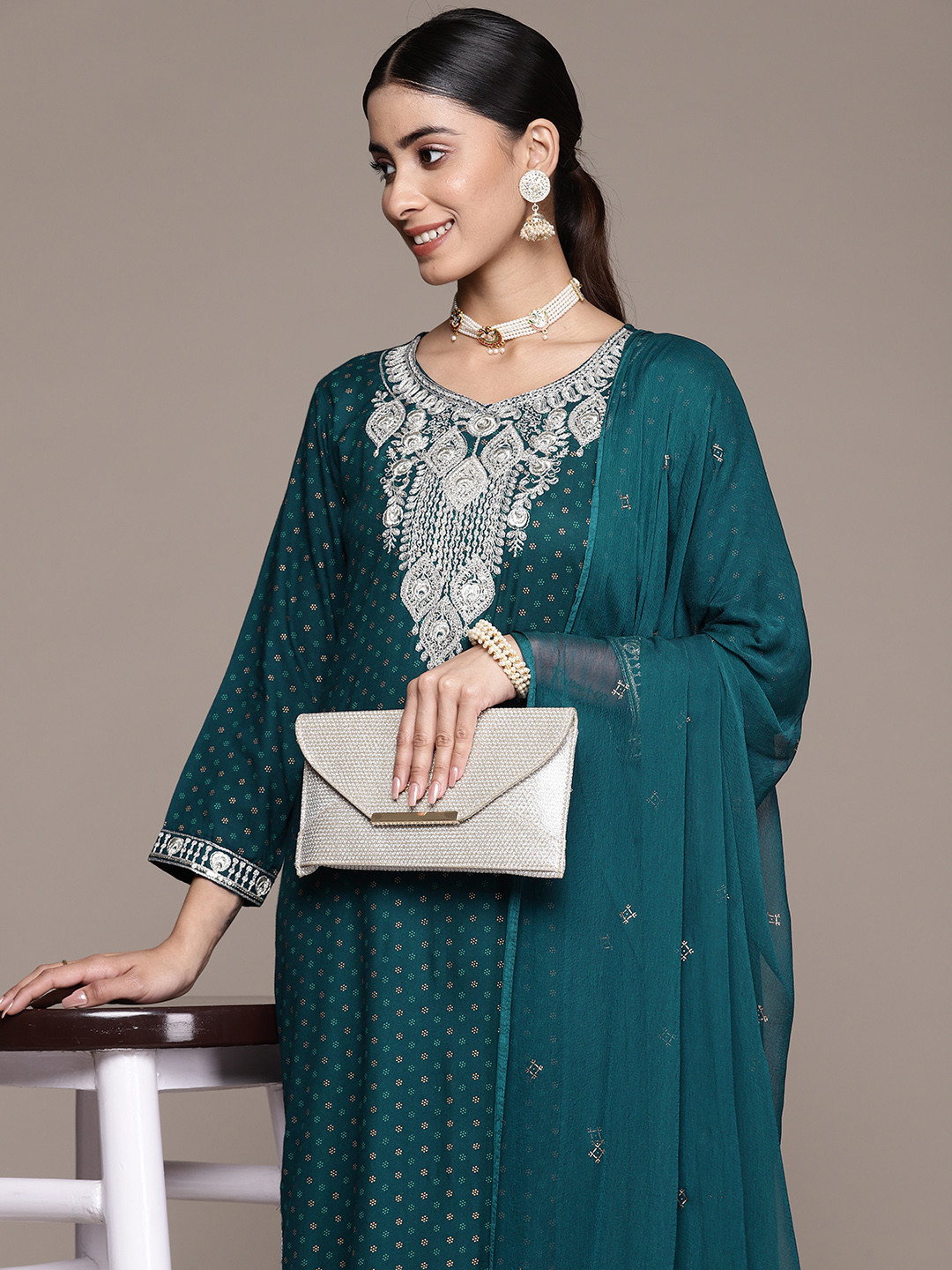 

Anubhutee Women Ethnic Motifs Embroidered Sequinned Kurta With Trousers & Dupatta, Teal