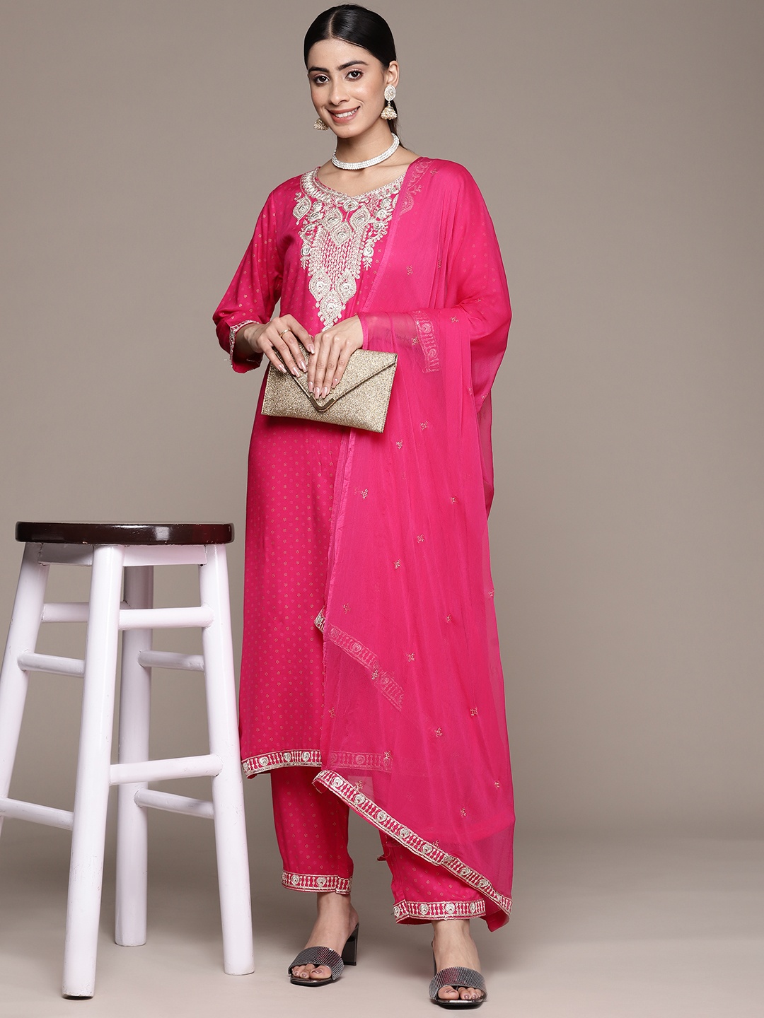 

Anubhutee Women Ethnic Motifs Embroidered Kurta With Trousers & Dupatta, Fuchsia