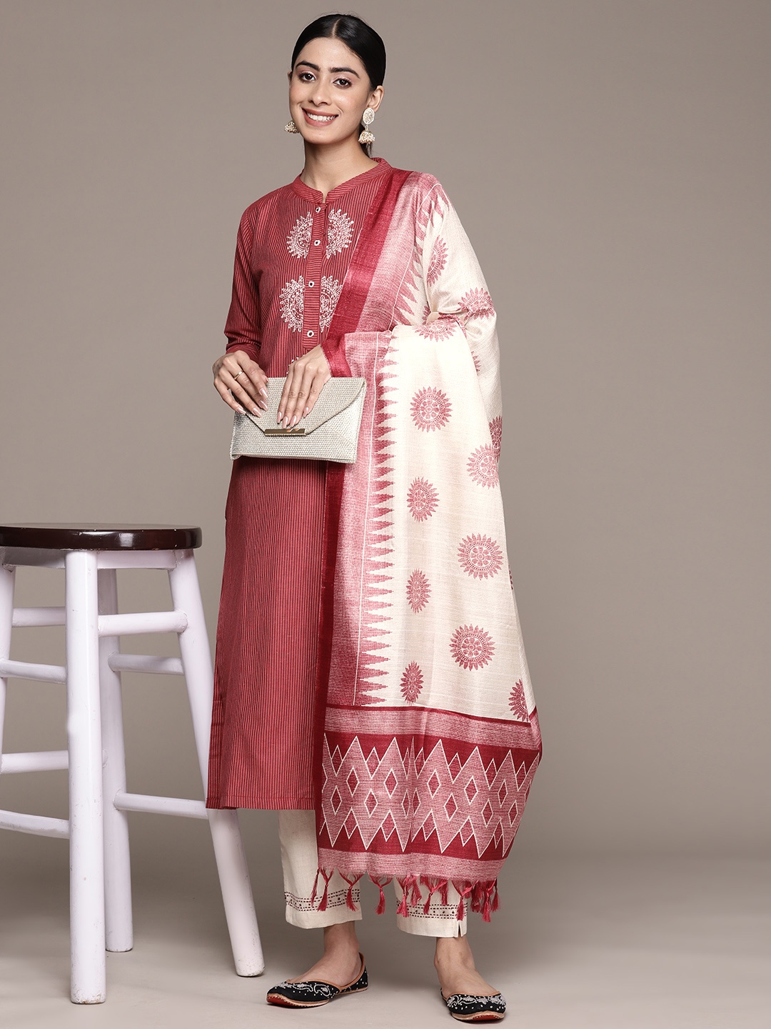 

Anubhutee Ethnic Motifs Striped Kantha Work Pure Cotton Kurta With Trousers & Dupatta, Red