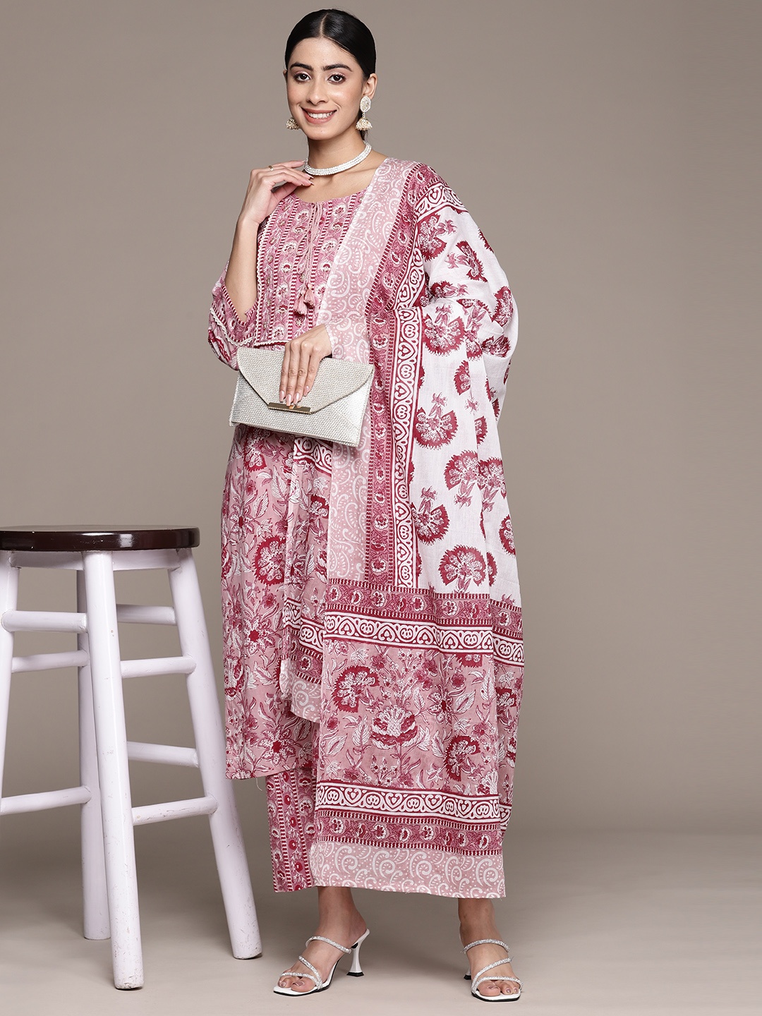 

Anubhutee Women Floral Printed Pure Cotton Kurta With Trousers & Dupatta, Magenta
