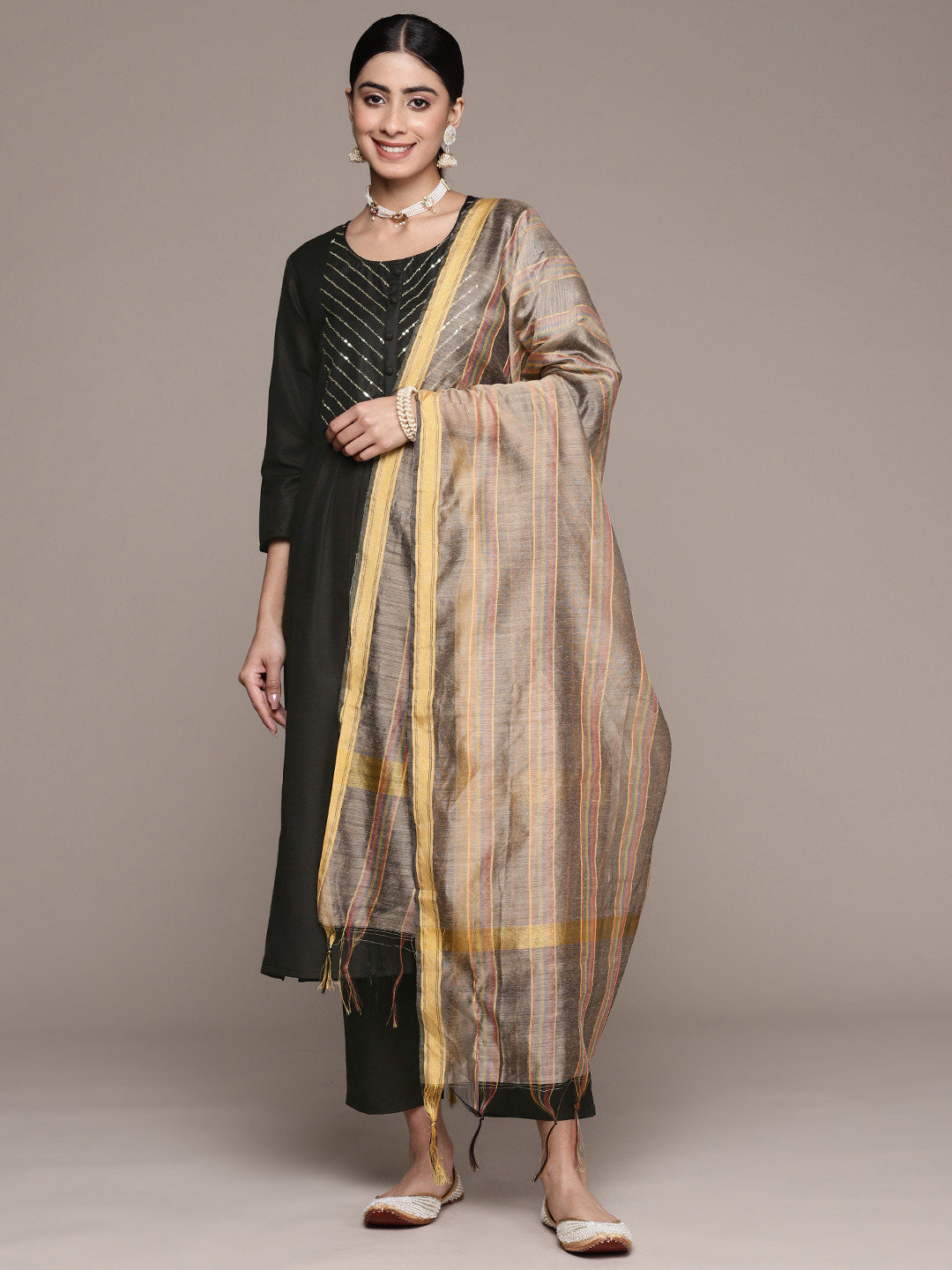 

Anubhutee Women Yoke Design Sequinned Kurta With Trousers & Dupatta, Black