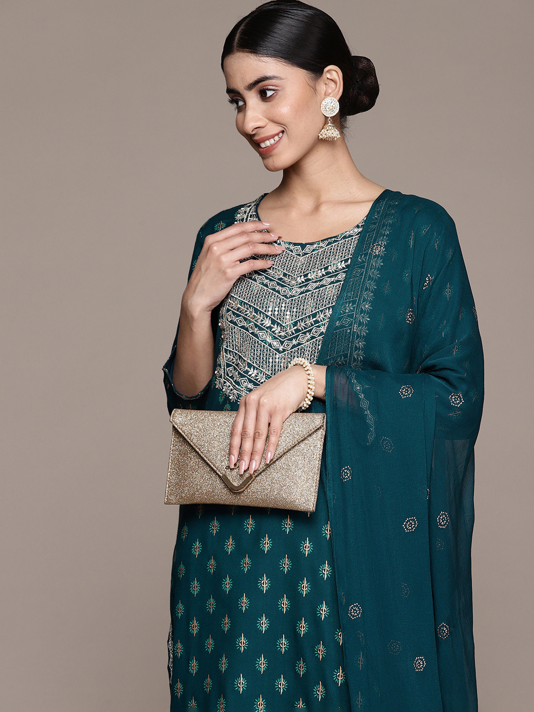 

Anubhutee Women Ethnic Motifs Embroidered Sequinned Kurta With Trousers & Dupatta, Navy blue