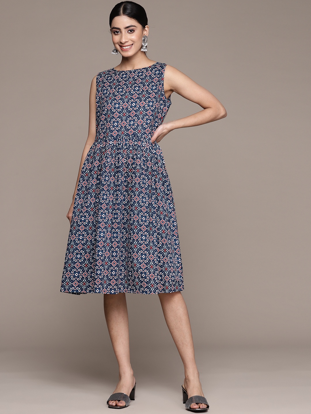 

Anubhutee Ethnic Motifs Printed A-Line Dress, Navy blue