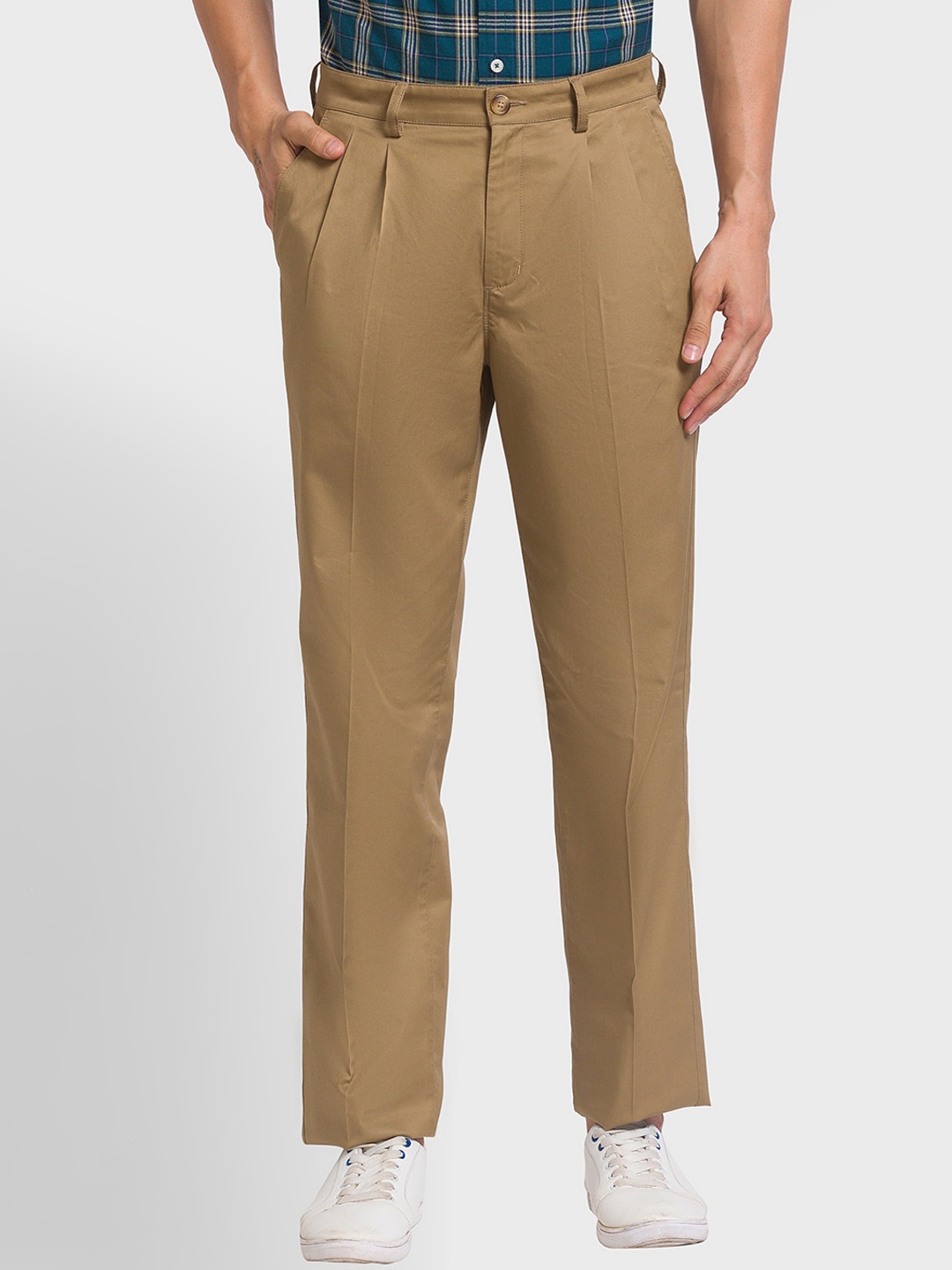 

ColorPlus Men Mid Rise Plain Cotton Pleated Trousers, Khaki