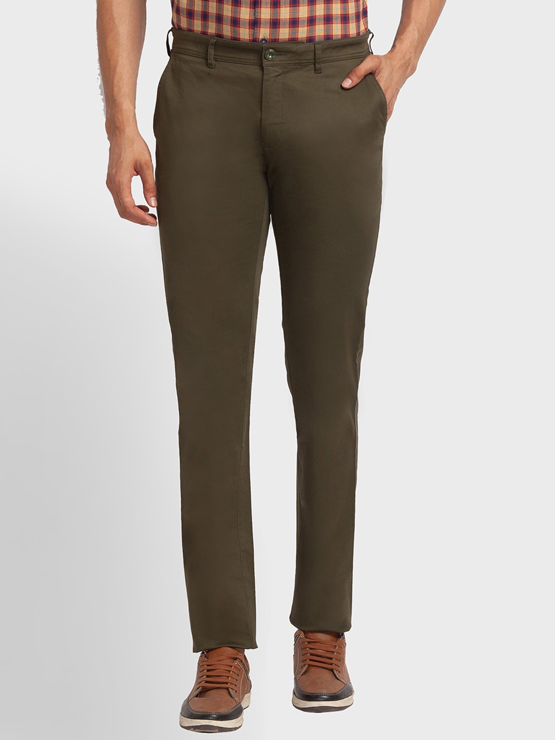 

ColorPlus Men Mid Rise Plain Trousers, Olive