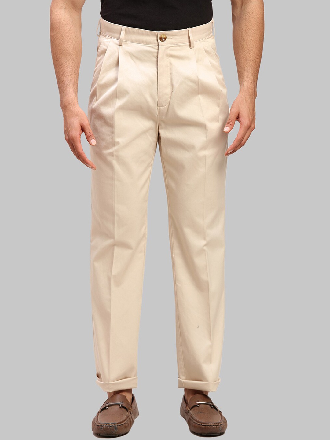

ColorPlus Men Pleated Cotton Chinos Trousers, Beige