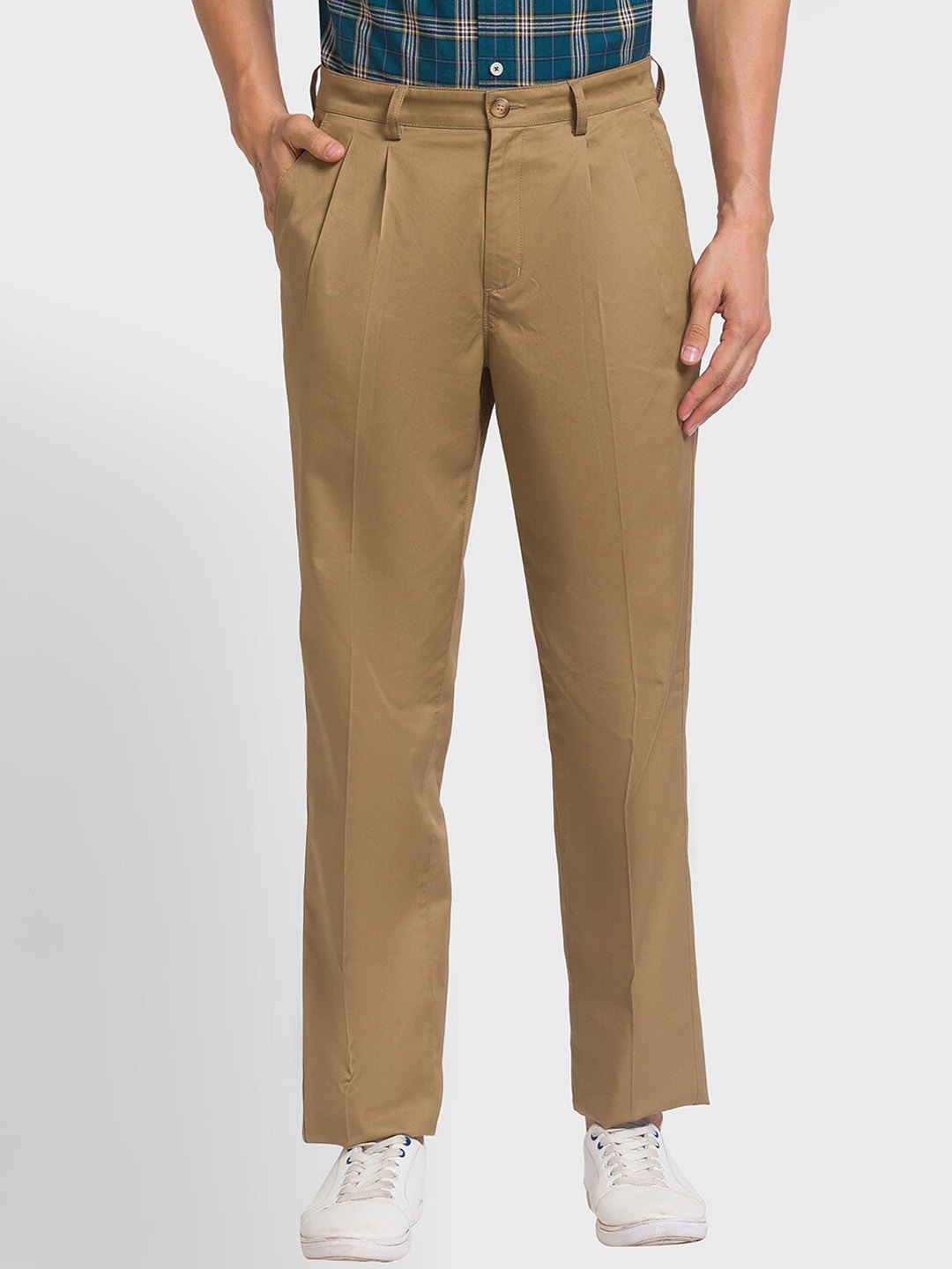 

ColorPlus Men Pleated Cotton Chinos Trousers, Khaki