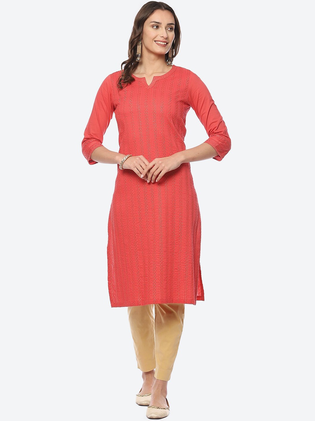 

Biba Women Geometric Embroidered Notch Neck Kurta, Coral