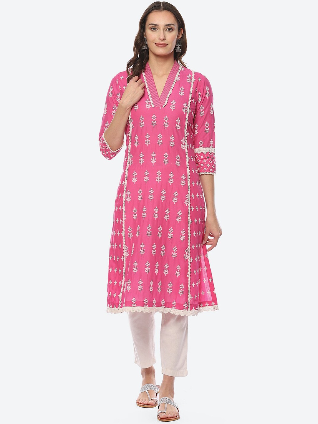 

Biba V-Neck Ethnic Motifs Printed Thread Work Kurta, Pink