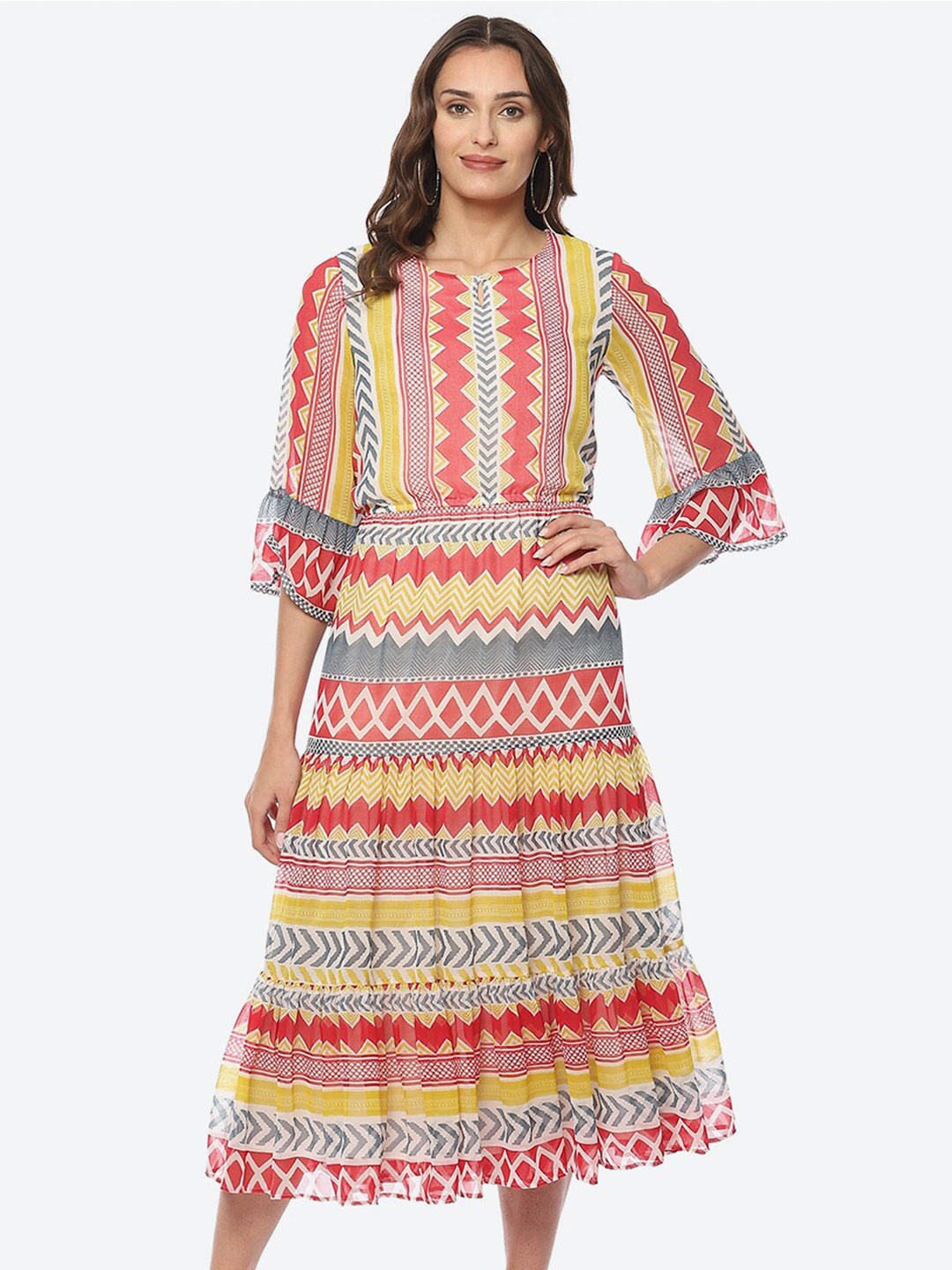 

Biba Ethnic Motifs A-Line Midi Georgette Dress, Off white