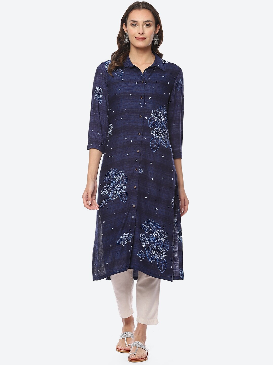 

Biba Shirt Collar Floral Printed Kurta, Navy blue