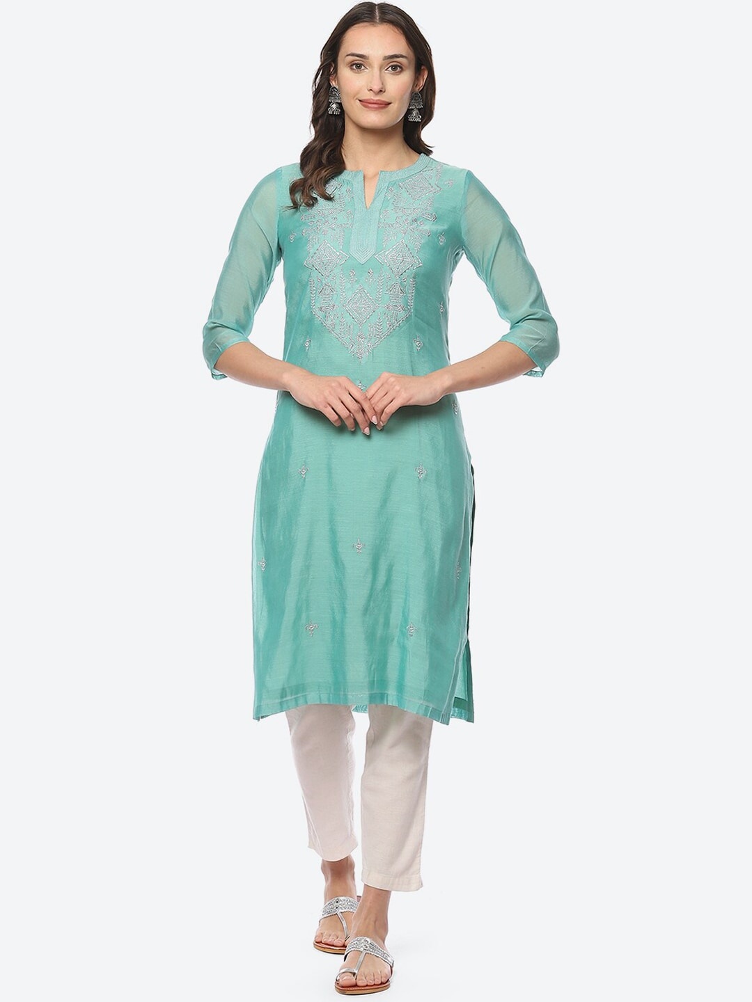 

Biba Women Ethnic Motifs Yoke Design Thread Work Kurta, Turquoise blue