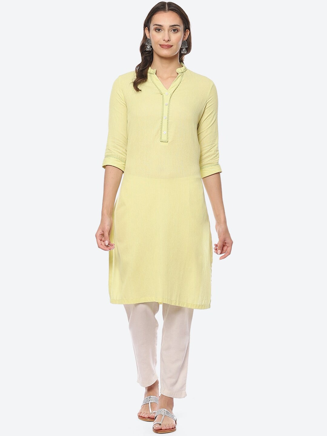 

Biba Women Mandarin Collar Cotton Kurta, Yellow