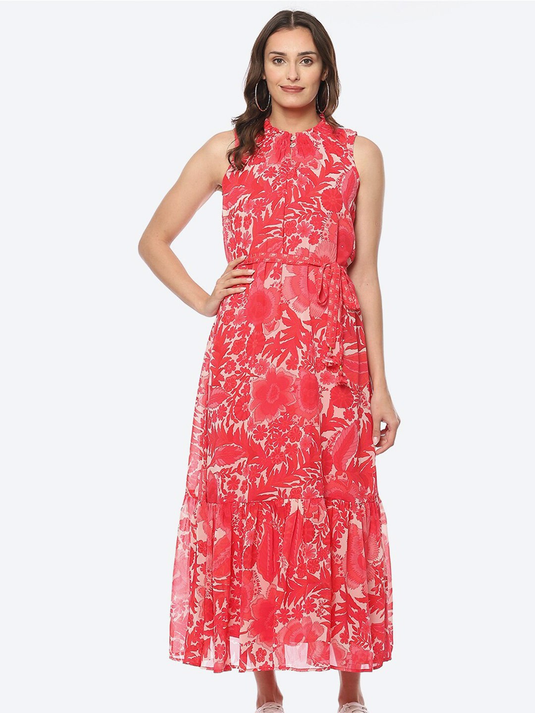 

Biba Floral A-Line Midi Georgette Dress, Coral