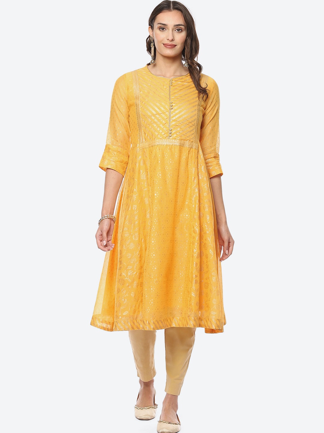 

Biba Women Ethnic Motifs Printed Flared Foil Print Anarkali Kurta, Yellow