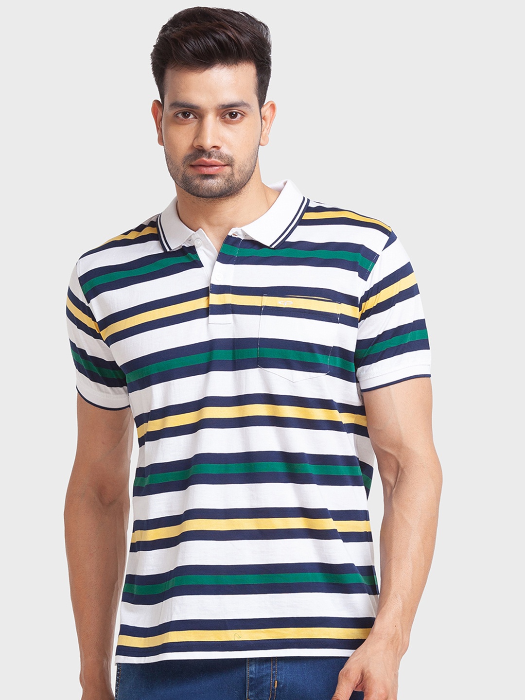

ColorPlus Men White Striped Polo Collar T-shirt