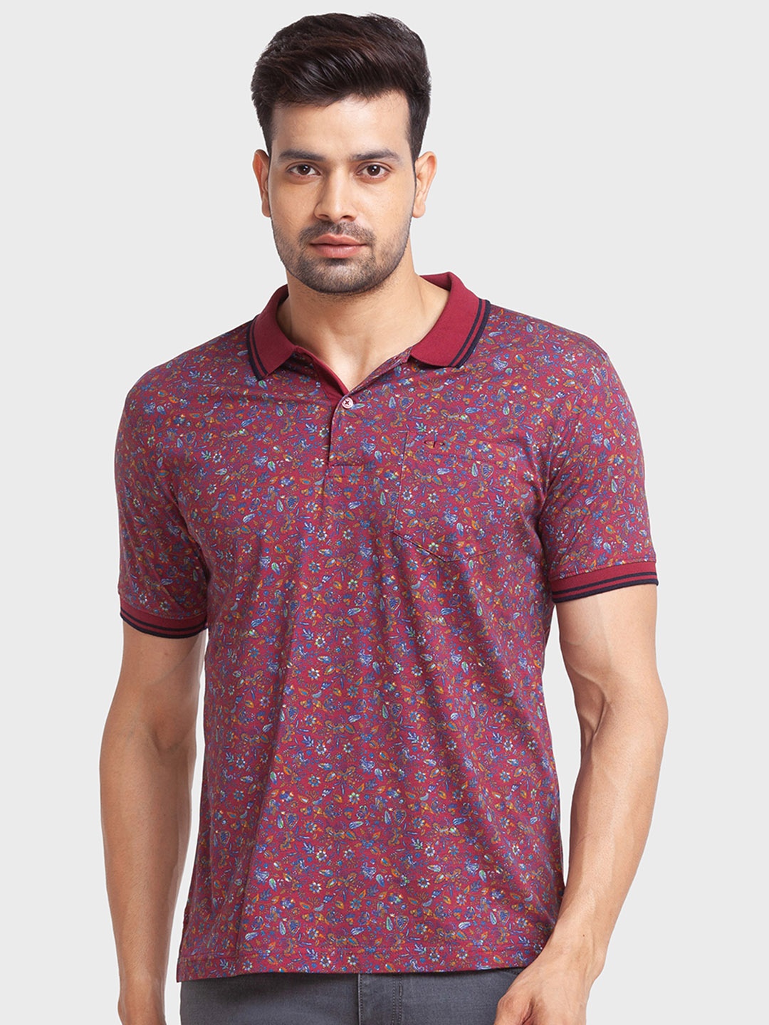 

ColorPlus Men Floral Printed Polo Collar Cotton T-shirt, Maroon