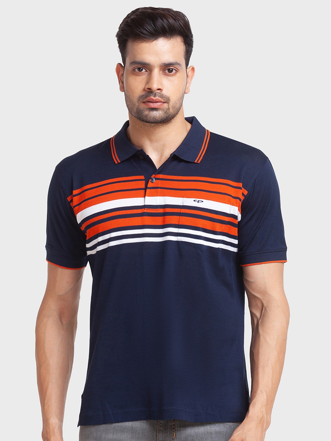 

ColorPlus Men Striped Printed Polo Collar Cotton T-shirt, Blue