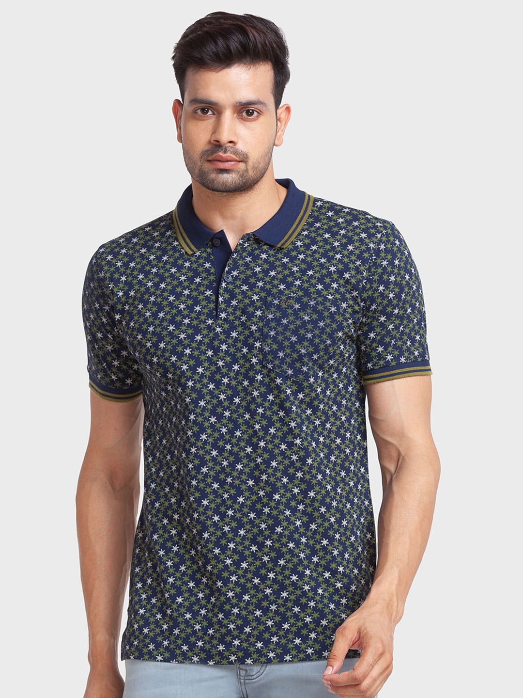 

ColorPlus Men Floral Printed Polo Collar Cotton T-shirt, Navy blue