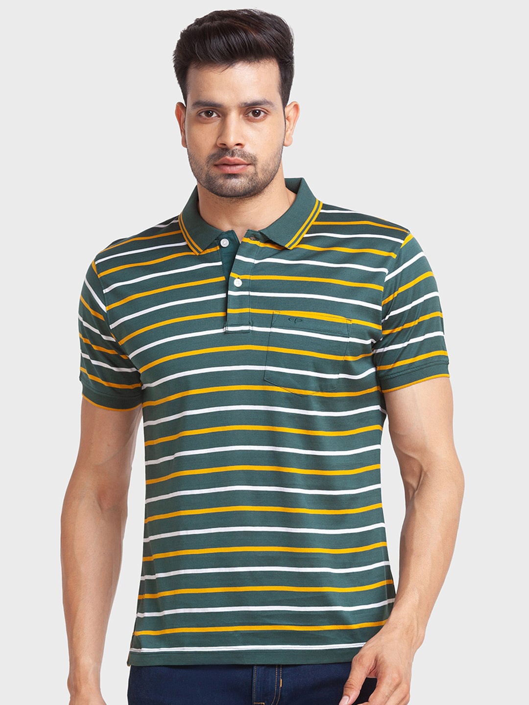 

ColorPlus Men Striped Polo Collar Cotton T-shirt, Green