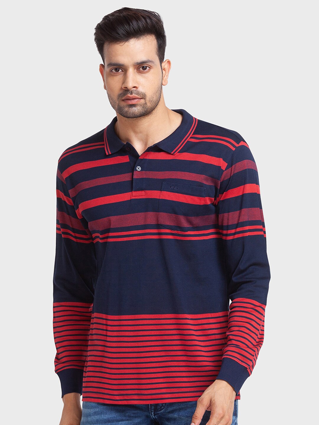 

ColorPlus Men Striped Polo Collar Cotton T-shirt, Red