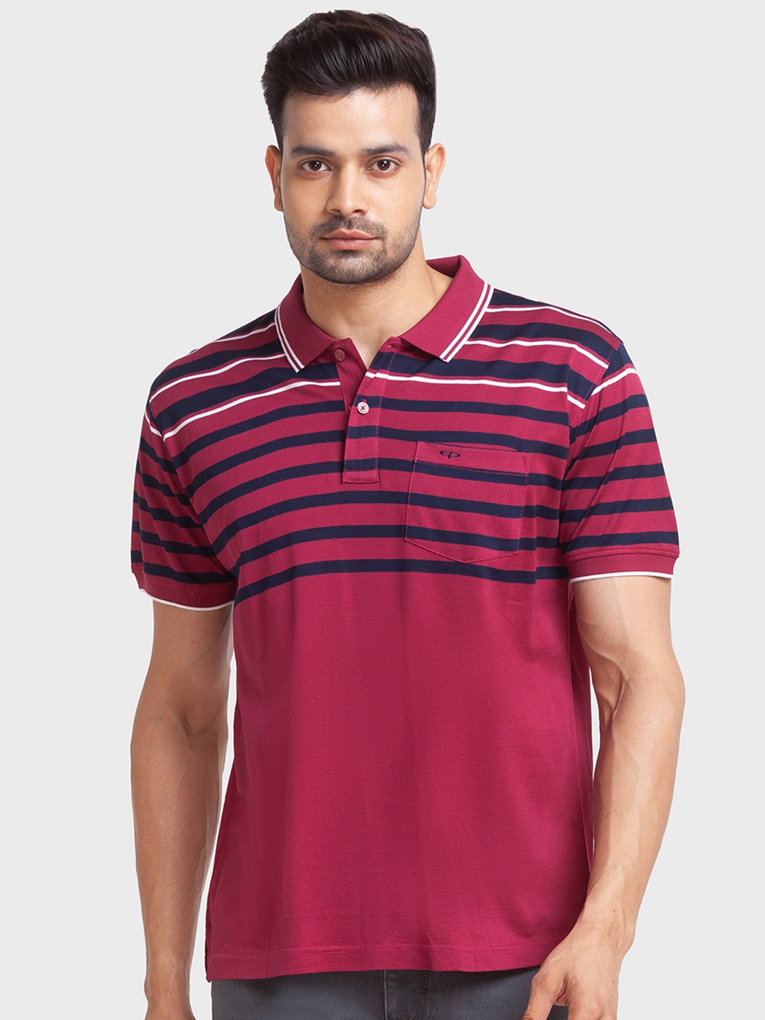 

ColorPlus Men Striped Polo Collar Cotton T-shirt, Maroon