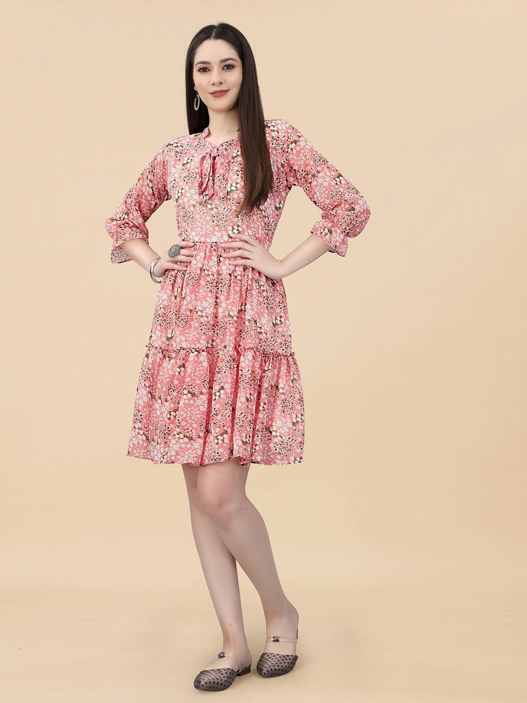 

APNISHA Tie-Up Neck Printed Tiered Fit & Flare Dress, Peach