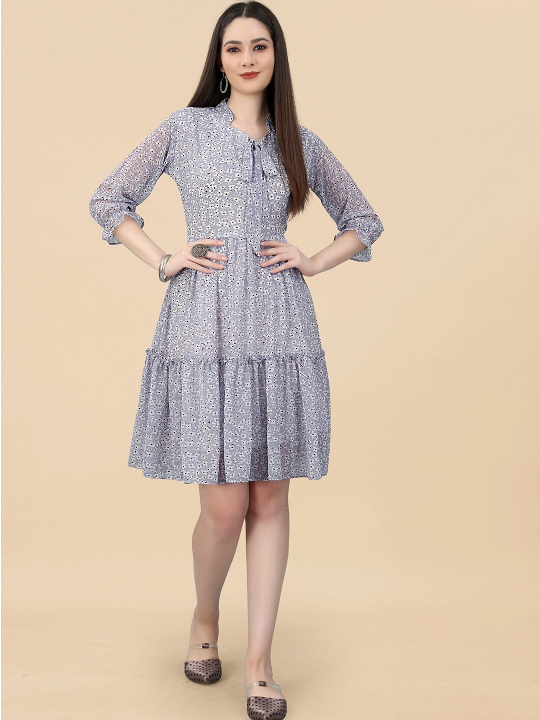 

APNISHA Tie-Up Neck Printed Tiered Fit & Flare Dress, Grey