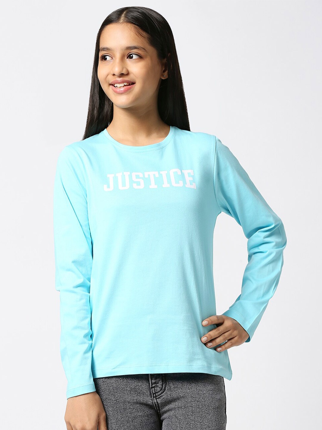 

JUSTICE Girls Typography Printed Cotton T-shirt, Blue