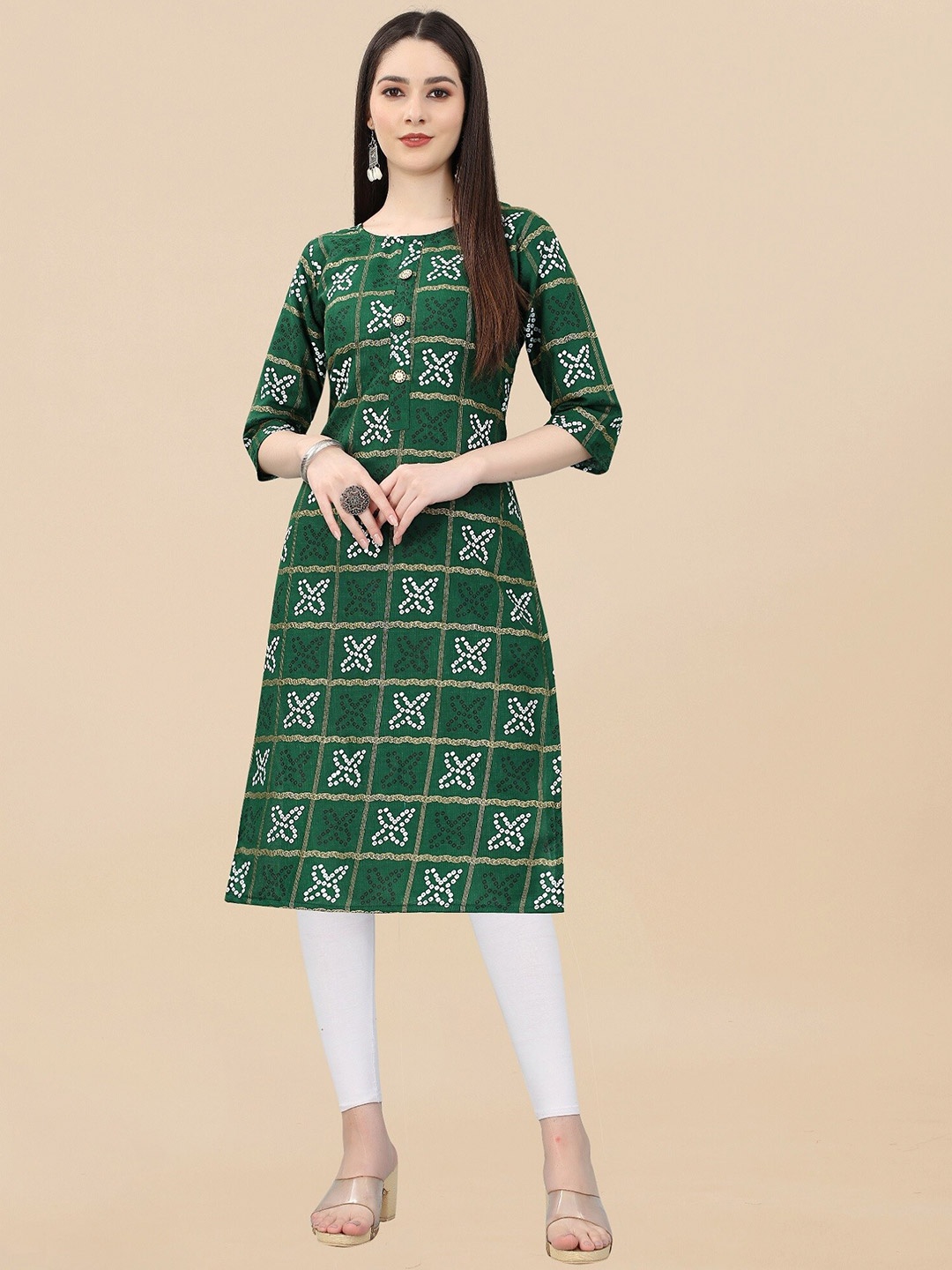 

APNISHA Bandhani Printed Pure Cotton Straight Kurta, Green
