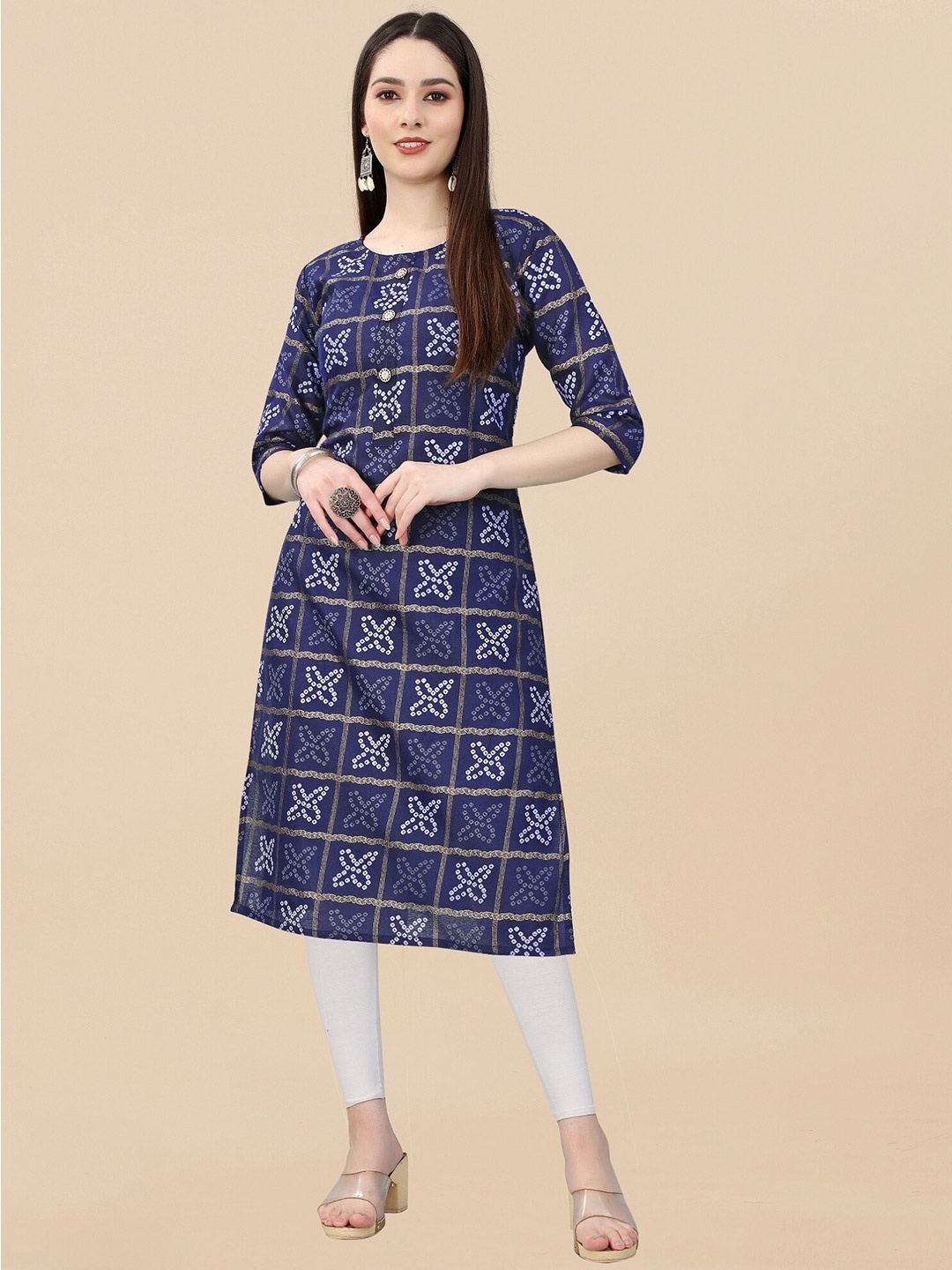 

APNISHA Women Bandhani Printed Pure Cotton Kurta, Navy blue