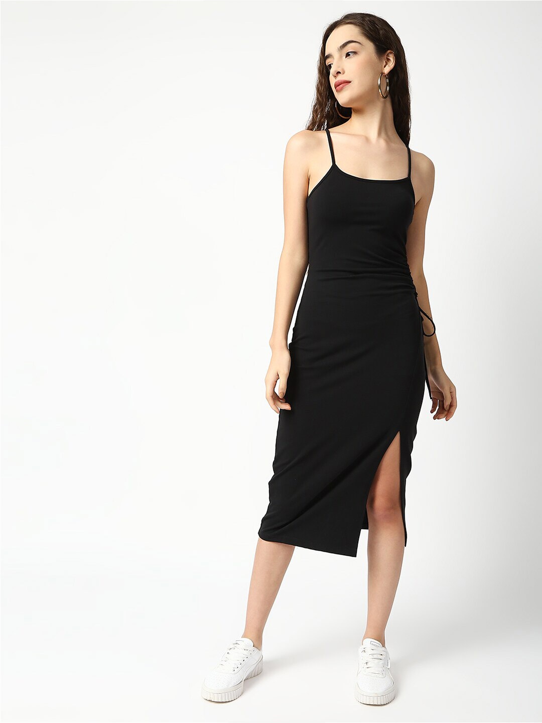 

Disrupt Shoulder Straps Tie-up Cotton Bodycon Dress, Black