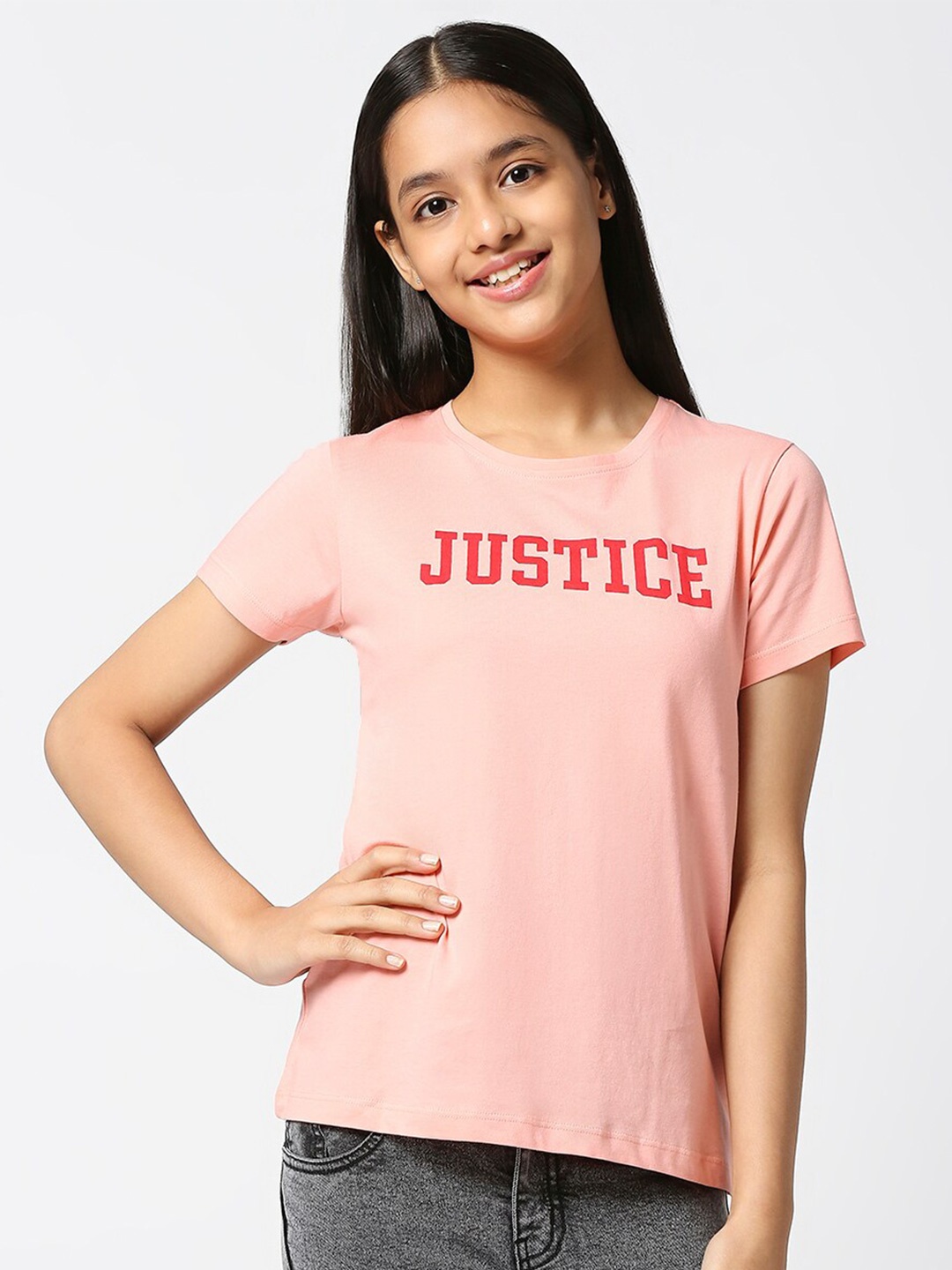 

JUSTICE Girls Typography Printed Cotton T-shirt, Rose gold