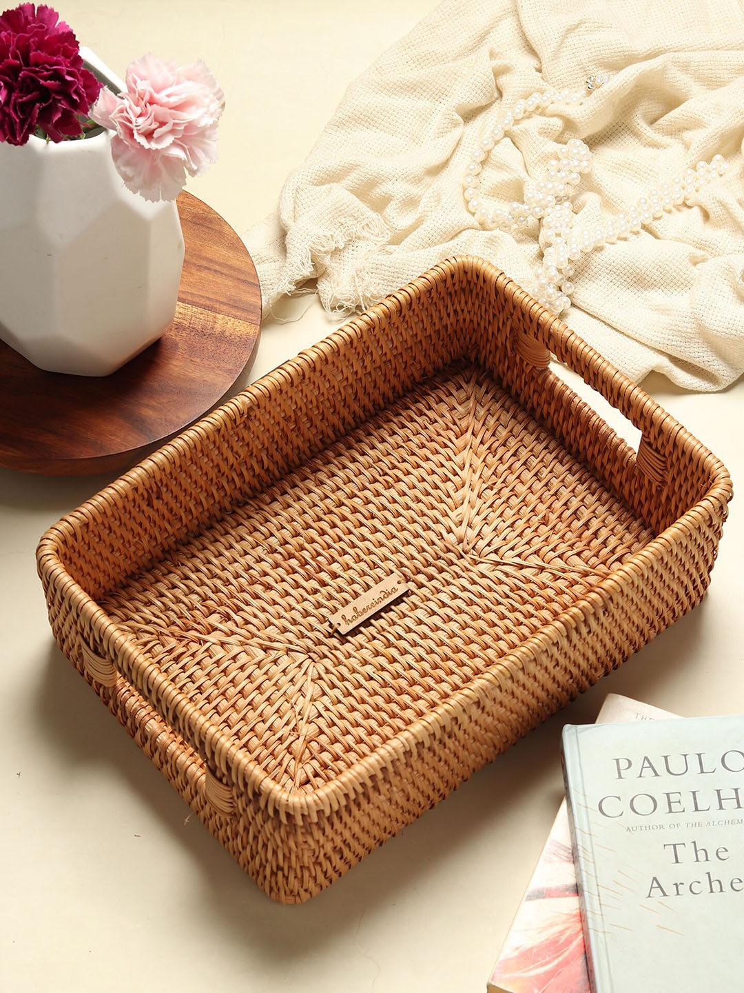 

HABERE INDIA Brown Textured Wicker Large Tray With Cut Handles