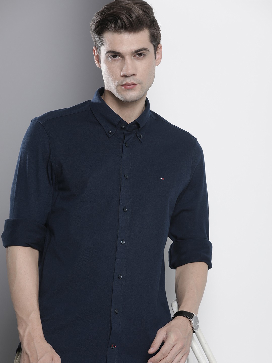

Tommy Hilfiger Textured Slim Fit Pure Cotton Casual Shirt, Navy blue