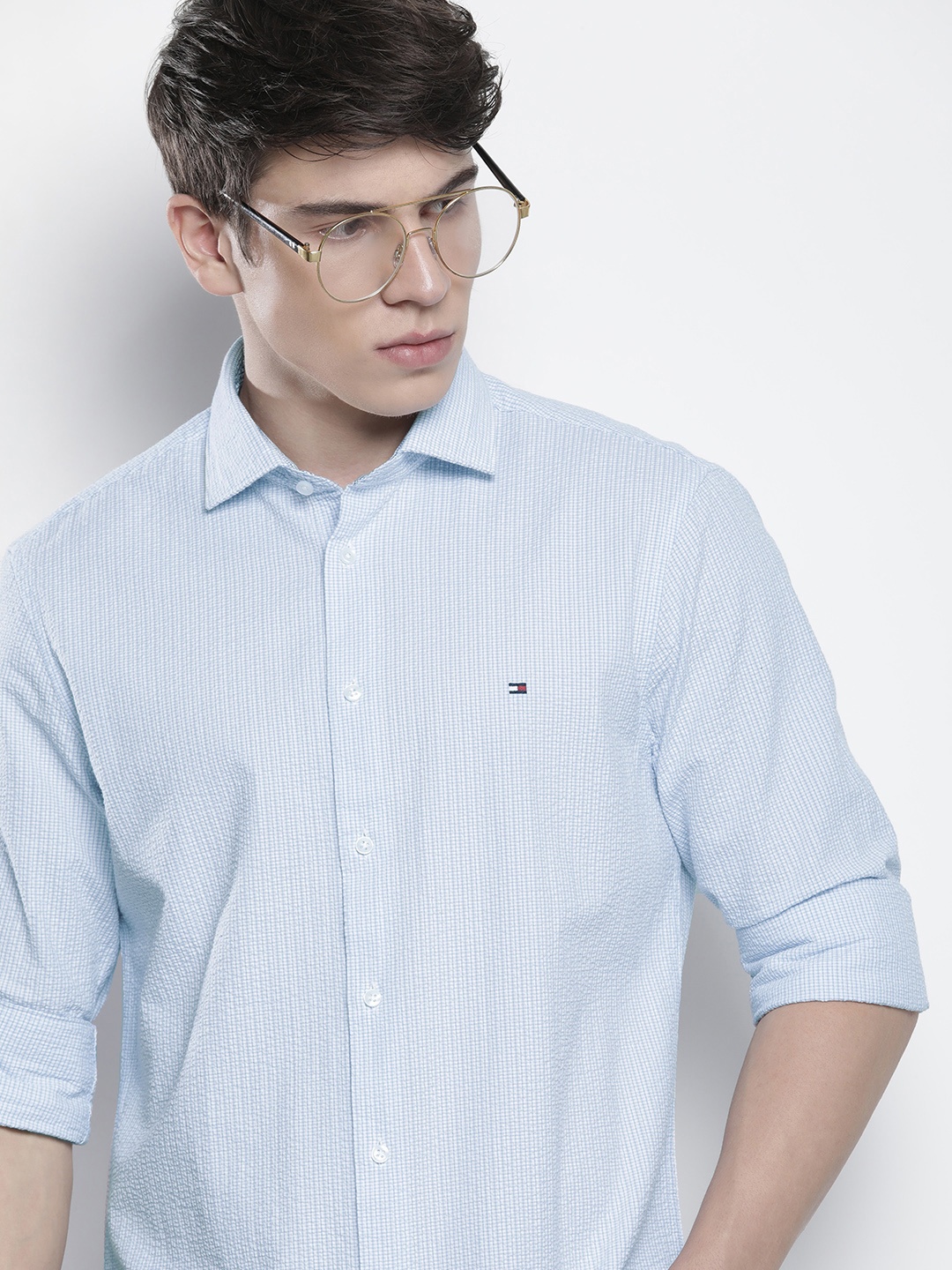 

Tommy Hilfiger Washed Slim Fit Self-Checked Pure Cotton Casual Shirt, Blue