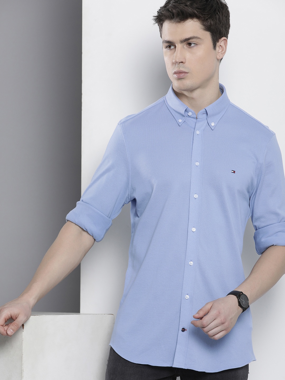 

Tommy Hilfiger Textured Slim Fit Pure Cotton Casual Shirt, Blue